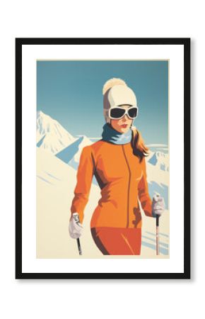 Poster illustration of a woman skiing at a ski resort in 1950's pop art style