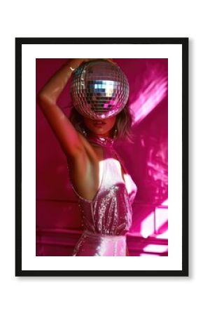 Young woman in pink party dress with disco ball sphere. New year, birthday, christmas party. Glitter, shiny cloth. Fashion shot. Ai generated photography