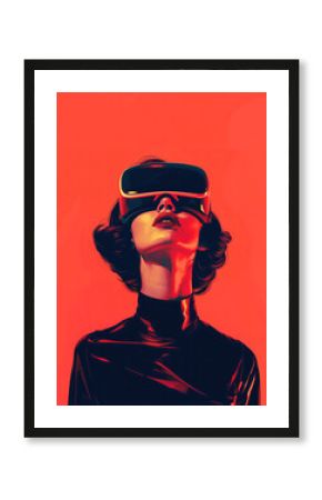  Elegant woman in VR headset against red background. Digital age fashion with a retro Soviet twist