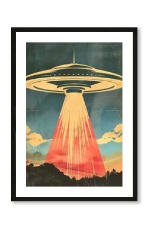 Grunge UFO poster. Retro Art.  Grunge poster depicting Flying Saucer, UFOs, in the style of the 60-70s. Science fiction. AI generated