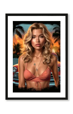 Stylish applique for a T-shirt with the image of a delightful girl with blond hair, against the background of a beach, car, palm trees. retro style