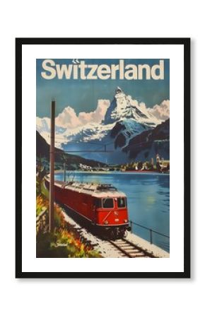 switzerland vintage travel poster, graphic style, with banner text "Switzerland"
