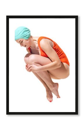 Jump. Young Caucasian woman in retro style swimming suit and cap jumping into water isolated over transparent background. Concept of sport, beauty, fashion, vintage style, summertime, party, vacation.