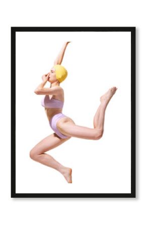 Flight. Young Caucasian woman in retro style swimming suit and cap jumping into water isolated over transparent background. Concept of beauty, fashion, vintage style, summertime, party, vacation.