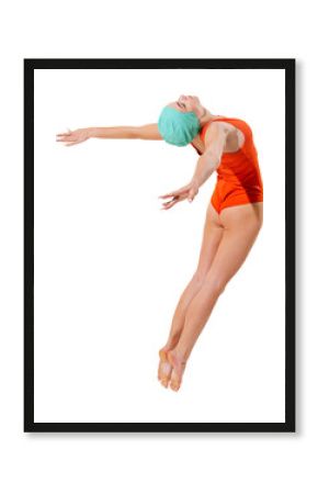 Grace. Young Caucasian woman in retro style swimming suit and cap jumping into water isolated over transparent background. Concept of beauty, fashion, vintage style, summertime, party, vacation.