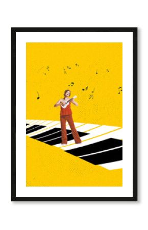 Emotive beautiful young girl playing ukulele violin against yellow background. Contemporary art collage. Concept of music, performance, inspiration, creativity, festival, event. Poster, ad