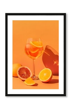 cocktail aperol spritz glass alcohol liquid reflection retro summer party poster orange background photo pop art flat lay style copy space