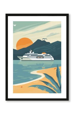 Stylized vintage travel poster depicting a cruise ship sailing near a tropical coastline with mountains, a setting sun, and seagulls enhancing the retro vacation vibe