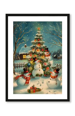 Vertical card with a retro-style drawing of funny snowmen in top hats decorating a Christmas tree