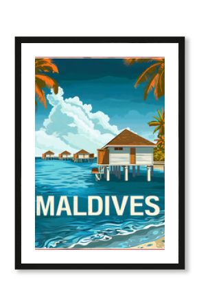Maldives retro vector travel poster illustration