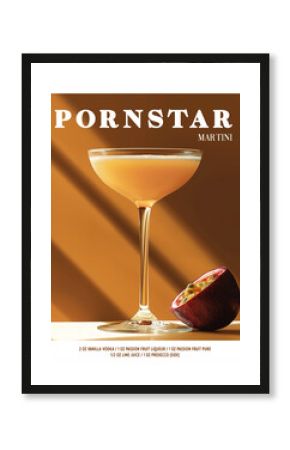Summery Pornstar Martini cocktail poster with refreshing drink and half passion fruit