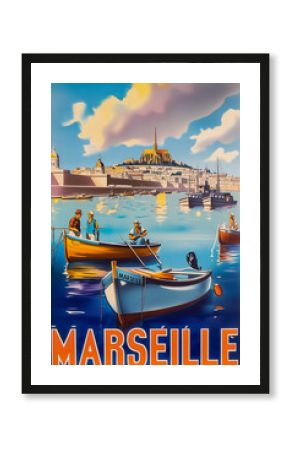 MARSEILLE retro poster, old port with fishermen and boats, Notre-Dame de la Garde in background.