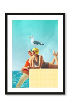 Two beautiful women in vintage swimsuits cap and sunglasses enjoying sea view with seagull. Contemporary art collage. Concept of summer, vacation, relaxation, fashion. Retro style. Creative design.