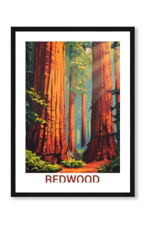 REDWOOD National Park Illustration Art, Wall Art Travel Poster