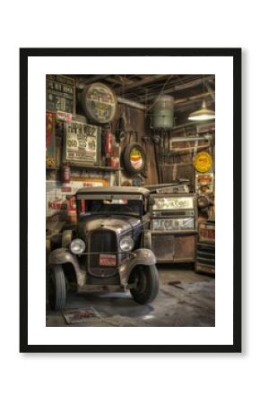 An old-fashioned garage with vintage signs and memorabilia on display, Generative AI