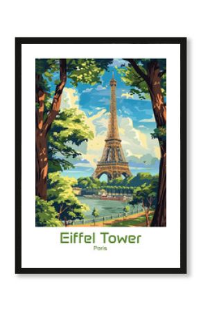 Paris Eiffel Tower Poster Illustration Travel Print Decor Gift Paper Canvas Wall Retro Art