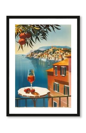 Vintage Italian travel poster featuring a bottle of wine, grapes, and a coastal village with scenic views of the sea and mountains
