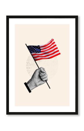 Vertical image collage body fragment arm hold usa flag activist stars patriotism independence day holiday drawing background