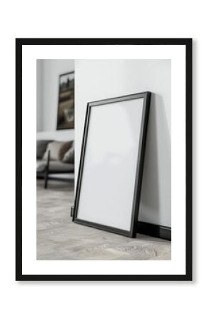 A black framed white picture sits on a wall