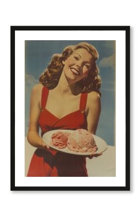 Vintage style poster of a female holding tasty ice cream.