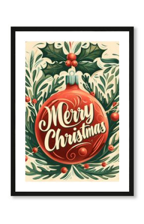Vintage greeting card with calligraphy lettering Merry Christmas. Retro postcard with text in chalk board style. Winter composition with text, red Christmas tree ball and holly on black background.