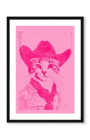 Vintage Cowboy cat art in pink red style hand drawing line art.Modern retro pink red poster coquette style for posters and placards, print for clothes