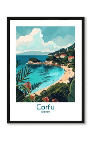 Corfu Greece Poster Illustration Travel Print Decor Gift Paper Canvas Wall Retro Art