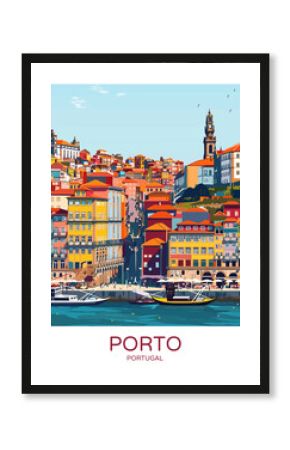 Porto Skyline Portugal Poster Illustration Travel Print Decor Gift Paper Canvas Wall Retro Art