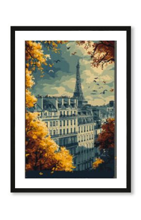vintage style travel poster of Paris wiht many details with the text "PARIS" at the bottom of the poster. retro style