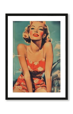 Young fashionable woman in dress in retro style vintage poster 