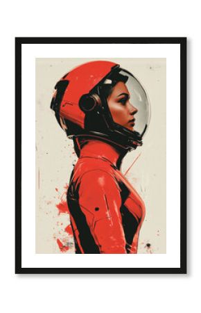 Cinematic, portrait photography of an astronaut girl wearing a vintage leather jacket and helmet, with a red light on her face against a red background. 