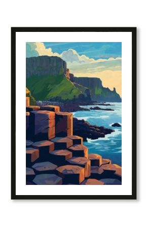 Illustration of Giant's Causeway from Northern Ireland, United Kingdom Travel Poster in Colorful Flat Digital Art Style at sunrise
