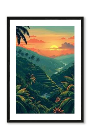 Illustration of Rice Terraces from Bali, Indonesia Travel Poster in Colorful Flat Digital Art Style