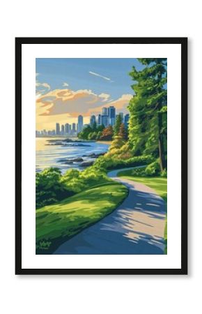 Illustration of Stanley Park from Vancouver, Canada Travel Poster in Colorful Flat Digital Art Style