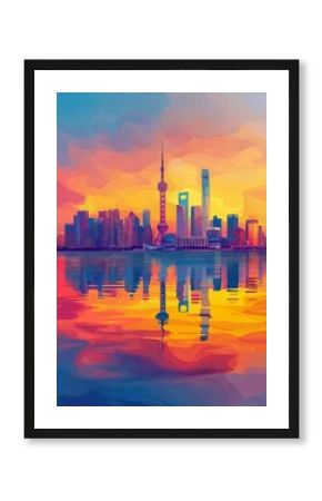 Illustration of Bund Waterfront from Shanghai, China Travel Poster in Colorful Flat Digital Art Style