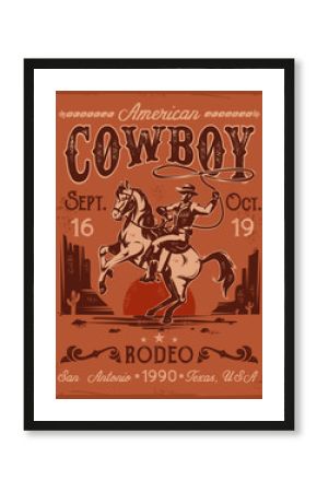  illustration rodeo poster with a cowboy sitting on a rearing horse in retro style
