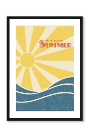 Summer retro poster. Sun over the sea waves. Vintage grunge style