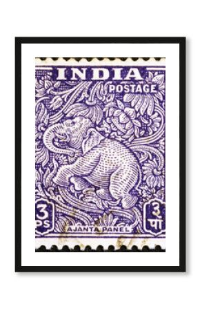 Indian postage stamp showing an elephant carved in Ajanta caves