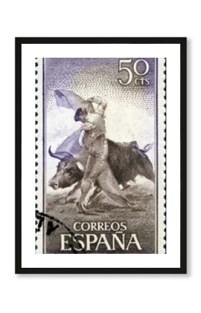 SPAIN - 1960: shows Spanish style bullfighting, corrida, Fighting with muleta