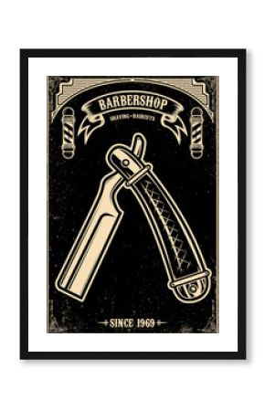Barbershop poster template with retro style razor .Design element for poster, card, banner, emblem, sign. Vector illustration