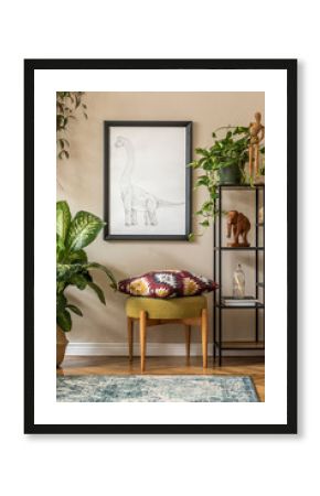 Stylish retro home staging of living room with black mock up poster frame, design furnitures, a lot of plants, shelf, carpet and elegant personal accessories. Vintage home decor. Template. 
