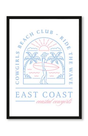 Coastal cowgirls East coast beach club summer girls trip surf lovers blue pink surfer girl aesthetic. Retro fancy girly boho tropical landscape quotes ride the wave sticker badge shirt design png.