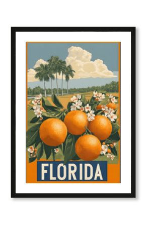 Florida oranges with flowers and palm trees background