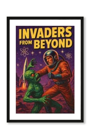 Retro 1950s Sci-Fi Movie Poster - Astronaut Fights Alien on Distant Planet with Rocket Launch, Atomic Symbols, Halftone Texture, and Bold Cinematic Text in Vintage Space Adventure Scene