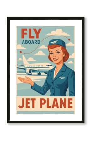 Vintage 1960s Airline Poster with Retro Flight Attendant and Jet Plane - Mid-Century Travel Ad in Blue, Red and Cream Colors