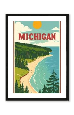Vintage michigan travel poster featuring coastline and forest under sunny sky