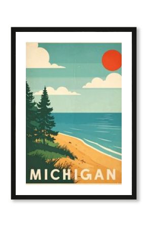 Retro michigan travel poster featuring beach, trees, and sun with vintage design