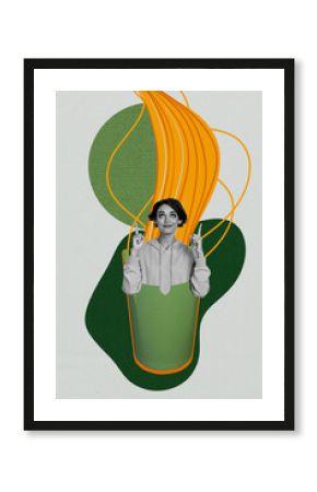 Creative composite sketch design artwork collage of cuisine gourmet cooking meal young lady appear box noodle chinese kitchen finger up