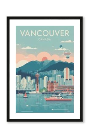 Vintage Travel Poster of Vancouver Skyline and Coastal Harbor, Canada  