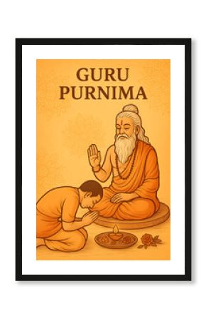 Guru Purnima reverence featuring a disciple bowing in deep respect to their enlightened guru amidst decorative spiritual motifs